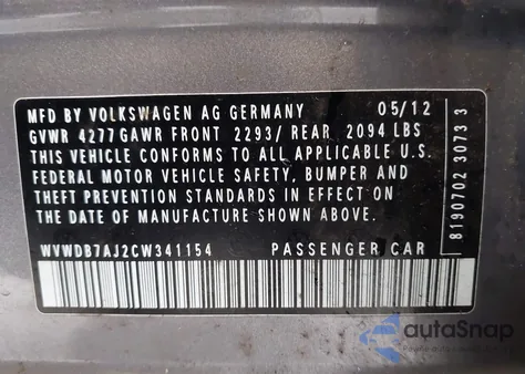 2012 Volkswagen Golf 2.5L 4-Door из США, поврежденный, VIN WVWDB7AJ2CW341154